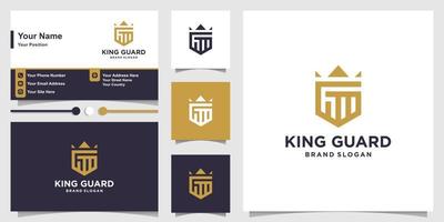 Shield logo with modern king crown concept and busniess card design Premium Vector