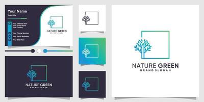 Tree logo with modern  square line art concept and business card design template Premium Vector