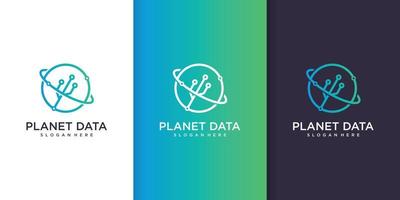 logotipo de datos del planeta con concepto de tecnología de arte lineal, diseño, plantilla, vector premium