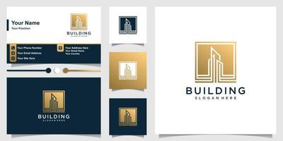 Building logo with modern golden minimalist concept and business card design template Premium Vector