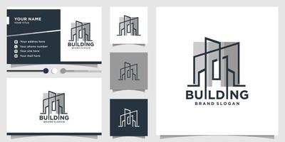 Building logo with modern line art concept and business card design template Premium Vector