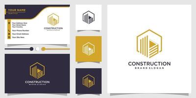 Construction logo with modern line art concept and business card design template Premium Vector