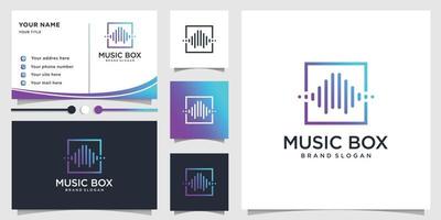 Music box logo with gradient line art style and business card design template Premium Vector