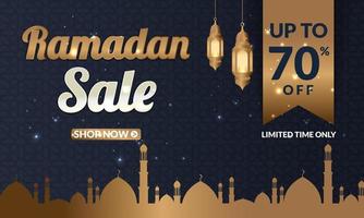 Ramadan Kareem sale offer banner design with ornament lantern moon background for promotion poster, social media template, discount, gift, voucher, web header and banner, greeting card of eid Mubarak vector