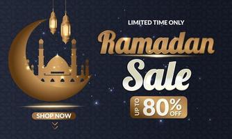 diseño de banner de oferta de venta de ramadan kareem con fondo de luna de linterna ornamental para afiche de promoción, plantilla de medios sociales, descuento, regalo, cupón, encabezado web y banner, tarjeta de saludo de eid mubarak vector