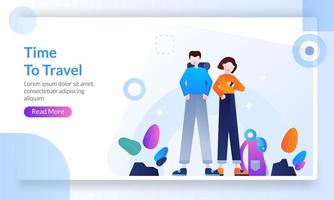 concepto de tiempo de viaje, viaje al mundo, turistas que viajan con un amigo o familia yendo de vacaciones, plantilla de página de destino para banner, volante, ui, web, aplicación móvil, afiche vector