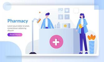 Pharmacy concept, pharmacist checking drug for patient, filling prescription in pharmacy, landing page template for banner, flyer, ui, web, mobile app, poster vector
