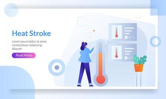 Heat stroke concept, with indicate high temperature heat, drinking water for dehydration prevention health care, landing page template for banner, flyer, ui, web, mobile app, poster vector