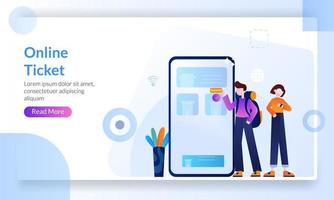 Online Ticket concept, buying ticket on internet with mobile phone, Booking airline ticket, hotel, cinema, landing page template for banner, flyer, ui, web, mobile app, poster vector