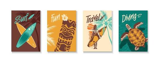 Surfing Color Hand Drawn Poster Set vector