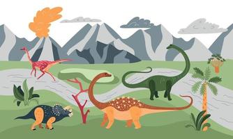 Dinosaurs Mountain Landscape Composition vector