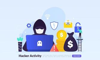 Hacker activity concept, security hacking, online theft, criminals, burglars wearing black masks, stealing personal information from computer, flat icon,suitable for web landing page, banner,