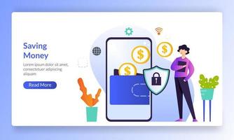Saving Money to e-wallet concept, financial saving, transfer and online payment, landing page template for banner, flyer, ui, web, mobile app, poster vector