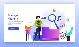 Manage file concepts, people organize folders with media files, keeping digital information, landing page template for banner, flyer, ui, web, mobile app, poster vector