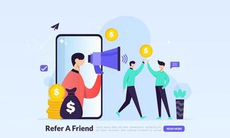 las personas comparten información sobre referencias y ganan dinero. refiera un concepto de amigo, marketing de afiliados, plantilla de página de inicio para banner, volante, ui, web, aplicación móvil, póster vector