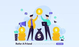 People share info about referral and earn money. Refer A Friend Concept, affiliate marketing, landing page template for banner, flyer, ui, web, mobile app, poster vector