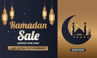Ramadan Kareem sale offer banner design with ornament lantern moon background for promotion poster, social media template, discount, gift, voucher, web header and banner, greeting card of eid Mubarak vector