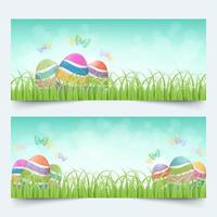 Easter eggs with grass banners set vector