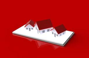 Growth real estate online concept. Group of house on mobile phone. 3D Illustration. photo