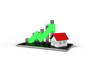 Growth real estate concept. Business graph and house on mobile phone. 3D Illustration. photo