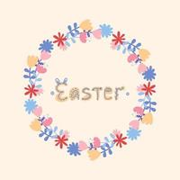 Hand drawn flowers wreath and hand written lettering Easter. vector