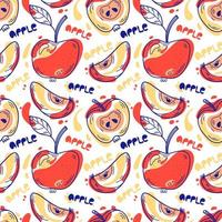 Seamless pattern with apples and hand written lettering. Bright Fruit background. Line doodle style. Vector print for fabric, textile, wrapping and wallpaper.