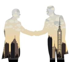 Double exposure handshake businessman on city background Vector illustration.