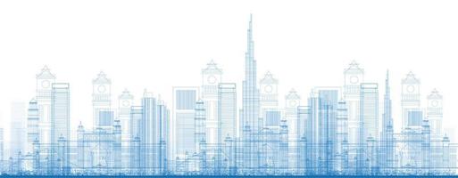 esboza los rascacielos de la ciudad de dubai en color azul. vector