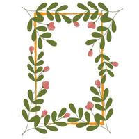 Spring frame in the form of a rectangle with green sprigs of flowers and buds in a cartoon style. vector
