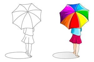una mujer que lleva un paraguas, un libro para colorear o una página, ilustración vectorial. vector