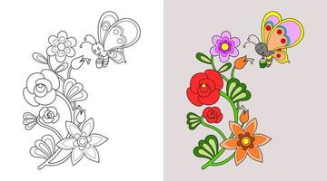 flowers and butterflies coloring book or page, education for kids, vector illustration.
