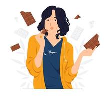 mujer comiendo ilustración del concepto de chocolate vector