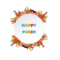 Paper art style of Purim carnival. A white circle with colorful of happy Purim with hat, crown, fancy mask, David star for greeting card, banner, website. Jewish holiday. photo