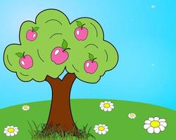 Bright and colorful children s drawing of an apple tree and a green serving with white daisies. eps 10