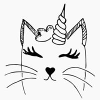 Cute vector illustration with white cat with unicorn horn drawn with a tablet. Lovely sleeping kitten with closed eyes isolated eps 10