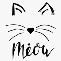 Vector black lettering Meow with cute cat paw print. Sketch drawing kitten meow slogan poster