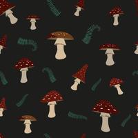 bright mystical pattern with fly agaric and fern isolated on a dark background. Vector illustration of the design for packaging, textiles and other products