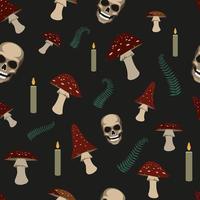 bright mystical pattern of fly agarics, skulls, candles and ferns. Mysterious witchy vector design for background, fabric or wrapping paper