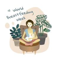 World Breastfeeding Week. A girl is sitting on a chair and feeding a newborn baby with breast milk. Vector illustration of a brochure, poster, website