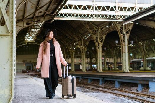 Young woman in coat walks with suitcase along empty platform of railway photo