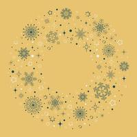 round frame with a pattern of blue and white snowflakes on a beige background vector