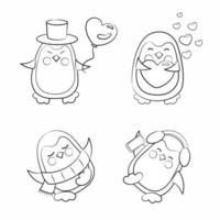 A set of cute black and white contour-drawn dancing, listening to music and funny penguins.  Holiday penguin characters isolated vector illustration set. Funny holidays penguins.