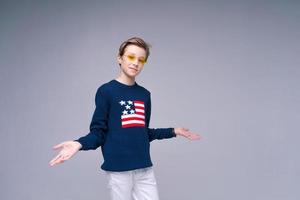 Indoors shot young attractive guy looking at camera with surprise, copy space photo