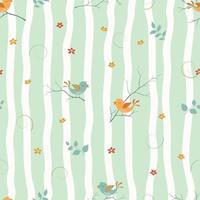 Spring seamless pattern with cute cartoon animals and flowers on soft green background vector