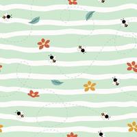 Nature seamless pattern with cute bees flying on beautiful blooming flowers garden vector