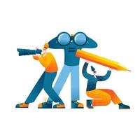 Characters with binoculars, a camera and a pencil vector