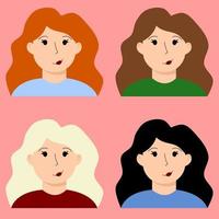 un conjunto de avatares vectoriales. avatares femeninos con cabello oscuro y claro, personajes. ilustración vectorial en estilo de dibujos animados plana vector