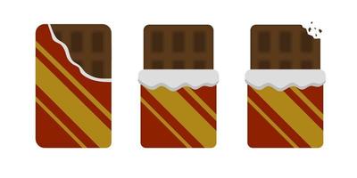 Chocolate bar in a package. Opened and bitten chocolate bar. Vector illustration in flat cartoon style