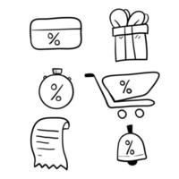 hand drawn Loyalty card, incentive program vector icon set, earn bonus points for purchase, discount coupon, limited time period, cash back, redeem gift, grocery basket.doodle vector