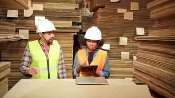 African American Female worker in a safety uniform and hard hat and male colleague inspect storage, stock order at factory warehouse, piles of stacking paper manufacture, industry product management. video